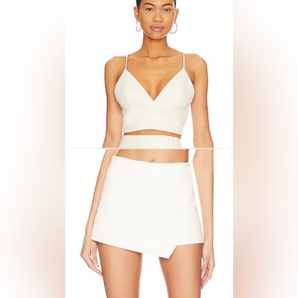Alice + Olivia. Vegan leather set in ecru. Carli top 2. Lilia skirt 2.